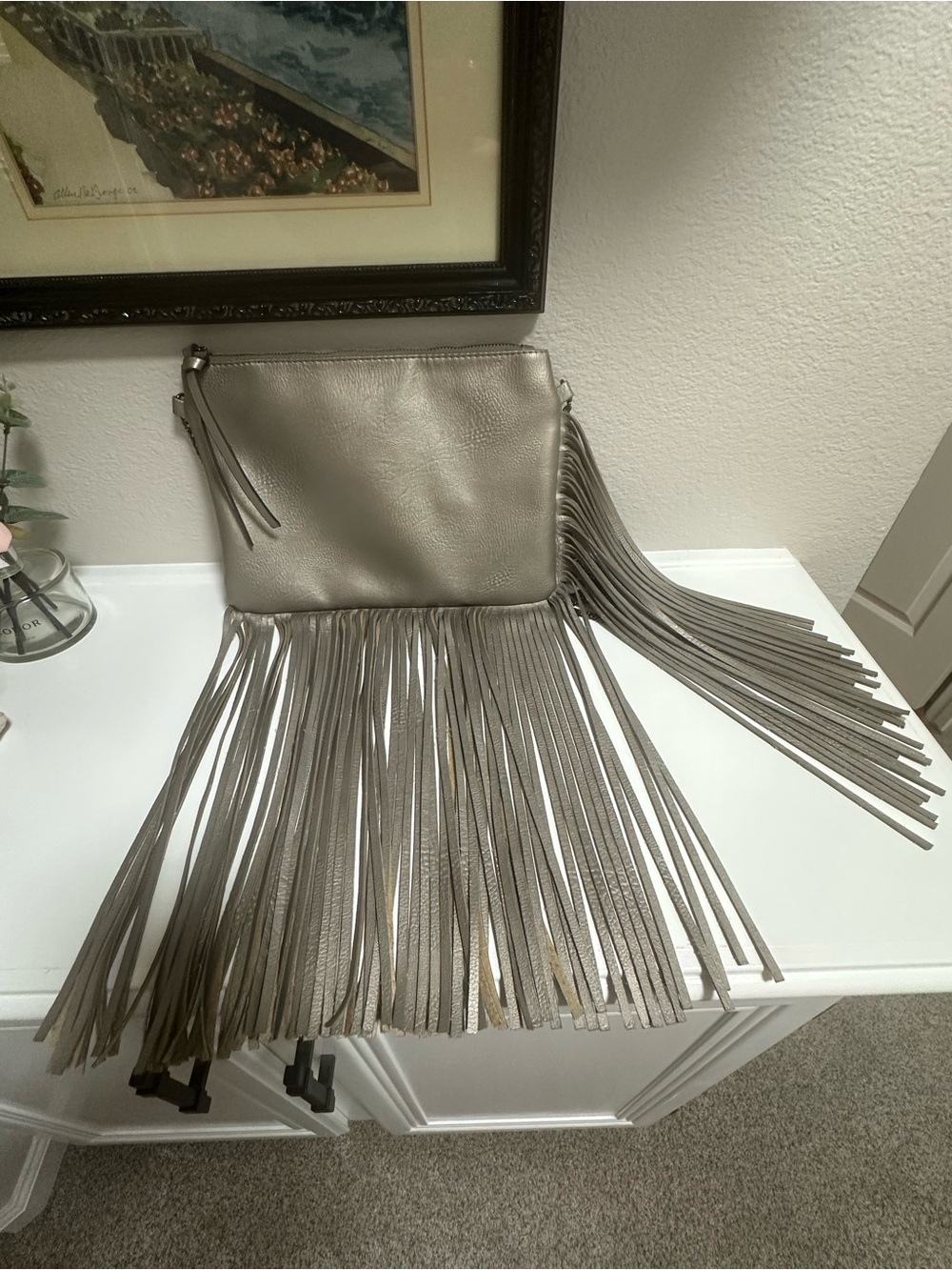 Metallic Silver with hint of bronze Fringe Crossbody Bag with metal chain strap
